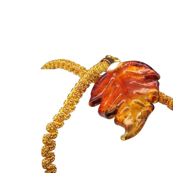 Dichroic Art Glass Autumn Leaf Pendant on Unique Gold Tone Chain, Beautiful - Picture 4 of 5